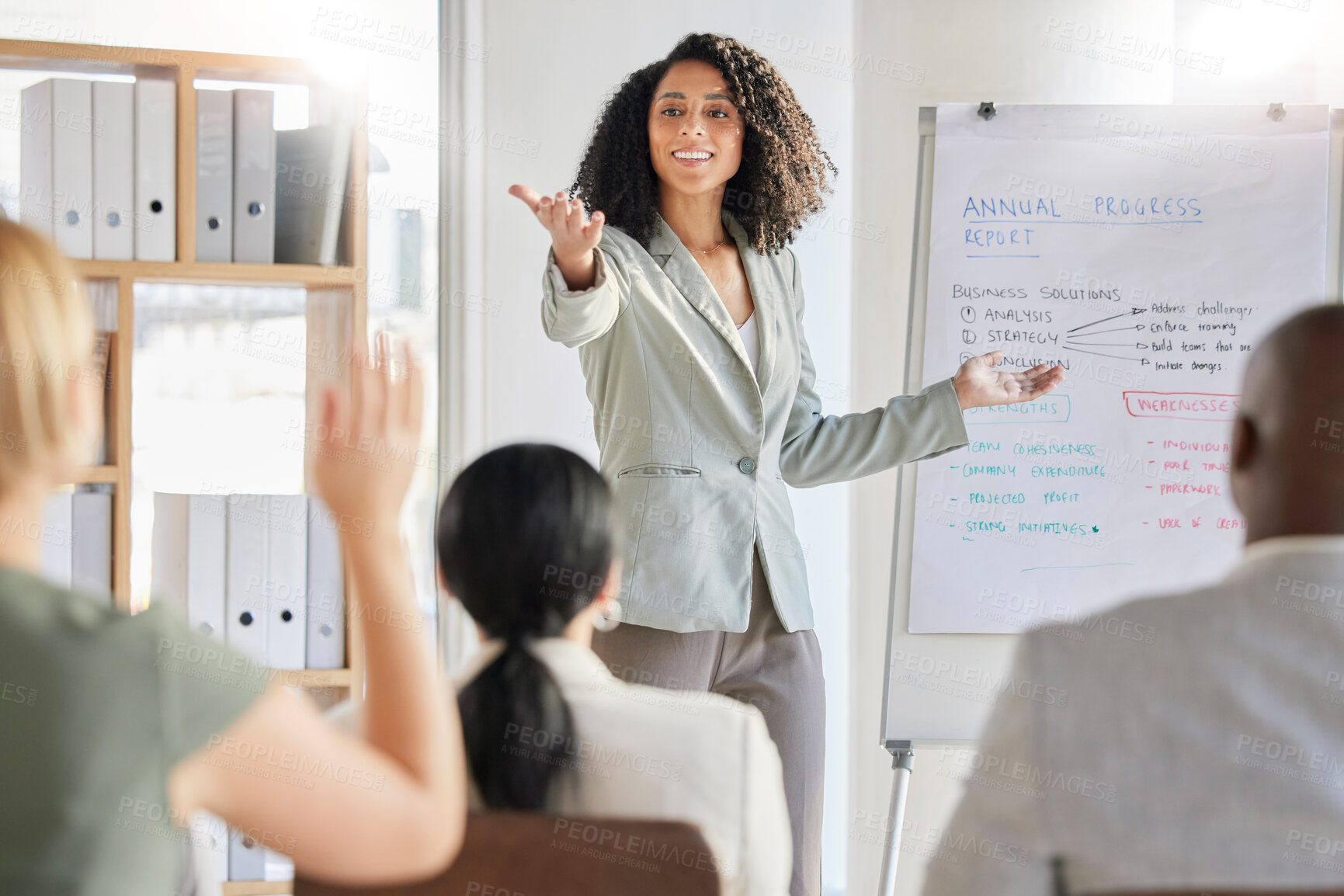 Buy stock photo Presentation, question and business black woman in a workshop, conference or meeting for company strategy talking data. Leader, audience and corporate professional female teaching at a seminar