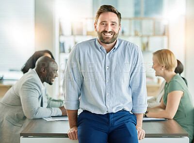 Buy stock photo Leader, leadership and man startup founder happy with company strategy in a meeting with a positive mindset in a boardroom. Portrait, smile and business man confident, proud and excited for future