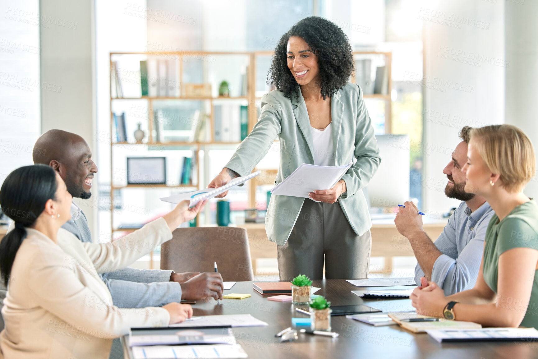 Buy stock photo Black woman, leader with business people and team in meeting, paperwork and presentation with collaboration. Diversity, teamwork and project proposal with speaker, happy group in conference room