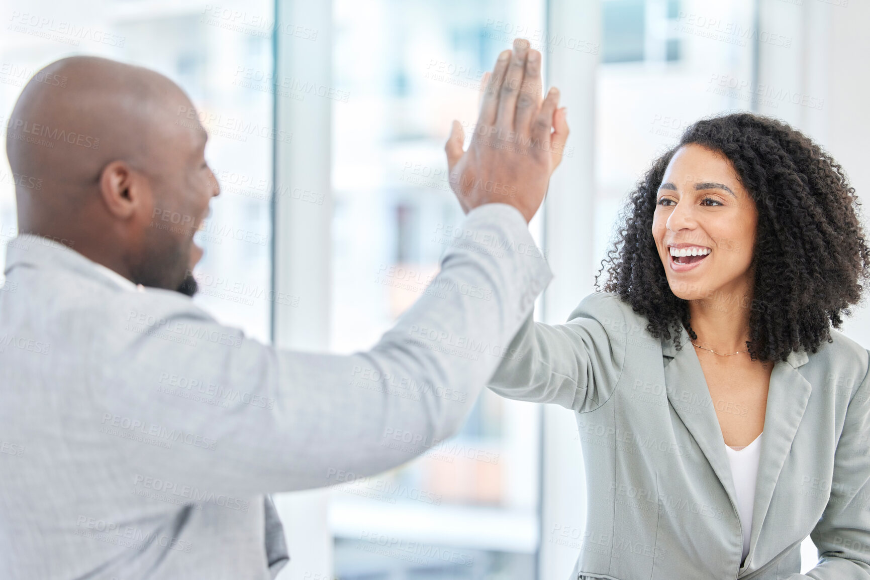 Buy stock photo High five, black people and business success of stock market investment team in a office. Crypto trading, winner and teamwork motivation of a corporate group with happiness from fintech achievement