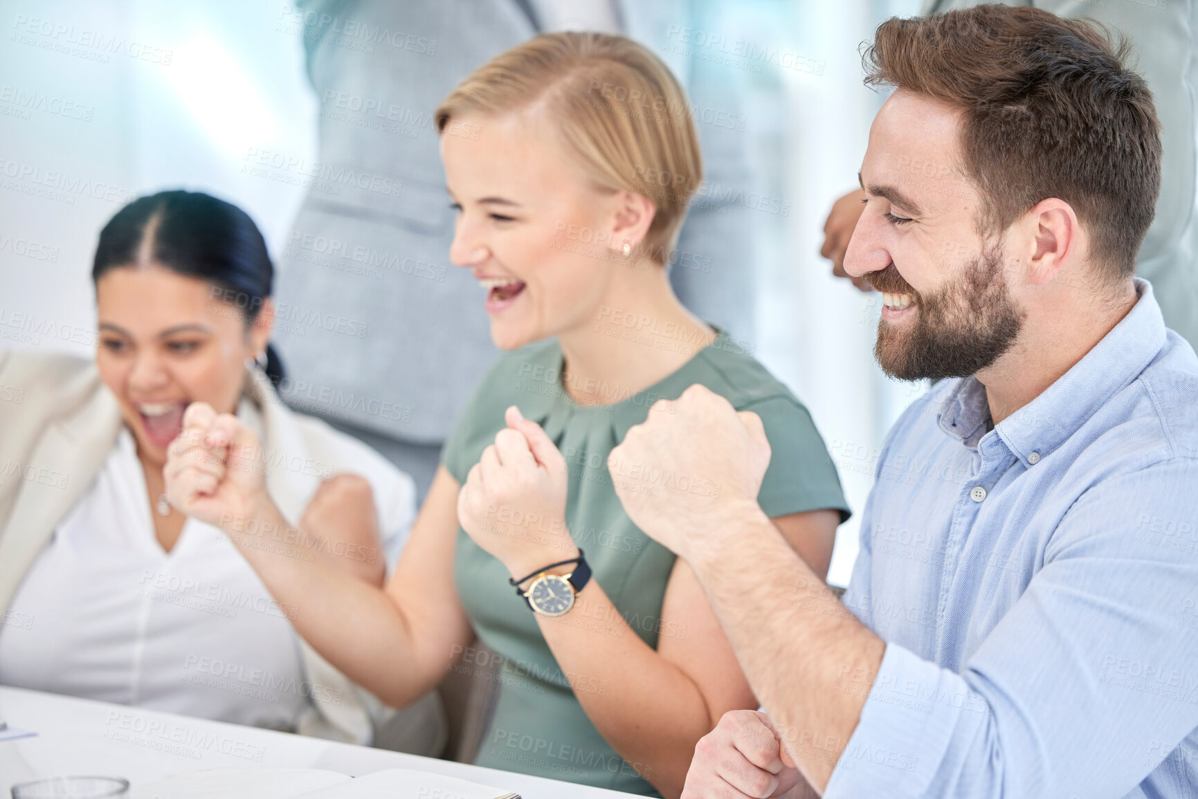 Buy stock photo Motivation, winning and business people cheering for success, achievement and team promotion. Celebrate, happy and group of excited employees with a corporate win, project celebration and good news