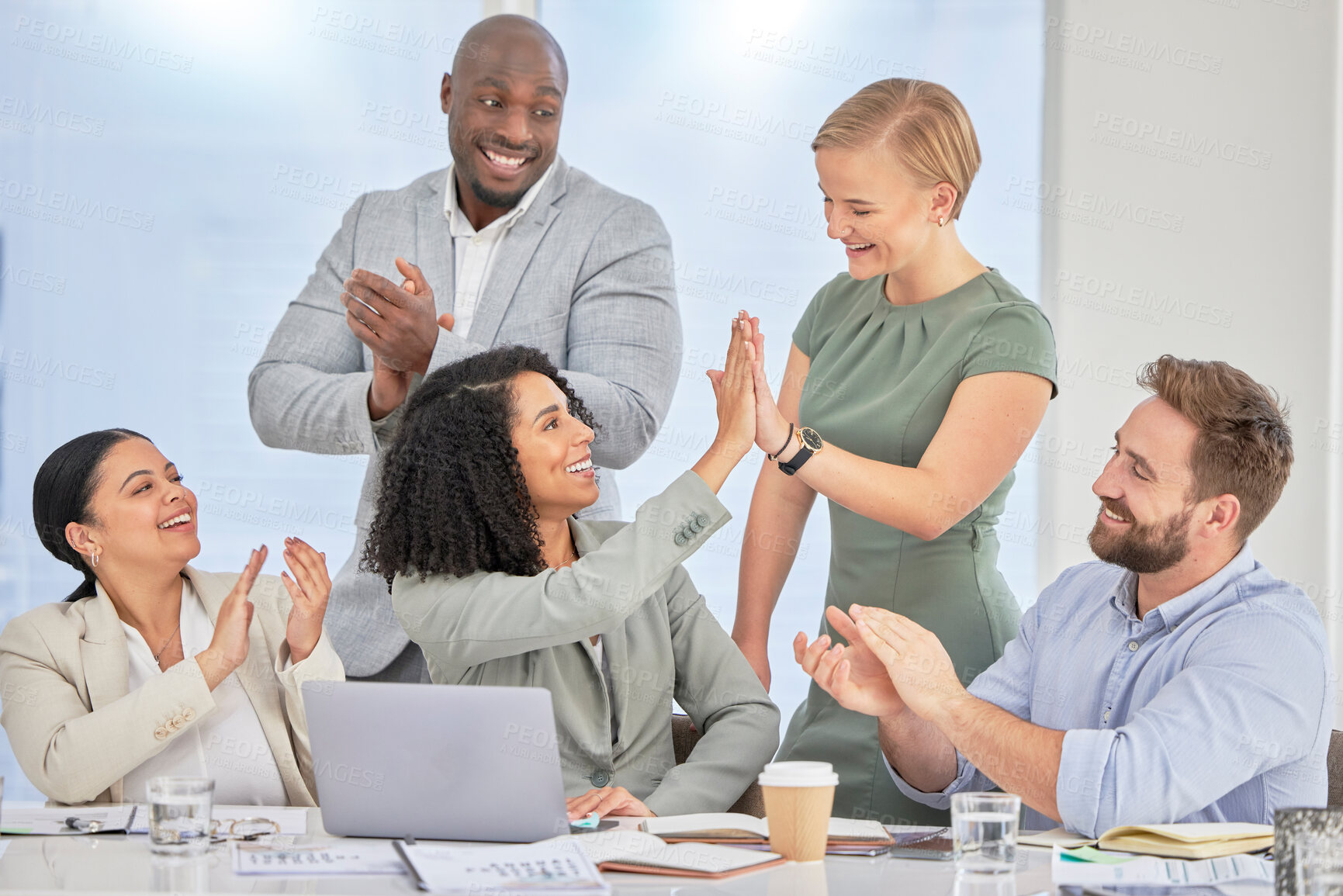 Buy stock photo High five, finance business people and success of stock market investment team in a office. Trading, winner and teamwork motivation of a corporate group with happiness from trading achievement