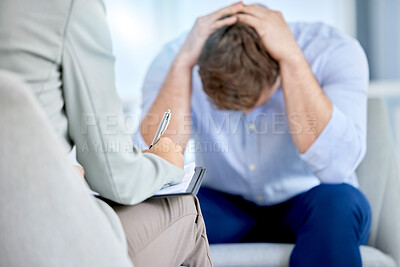 Buy stock photo Fail, therapy and businessman sad is jobless, depression and corporate employee counseling for anxiety suffering for mental health. Psychologist, frustrated and stress at work from burnout or fatigue