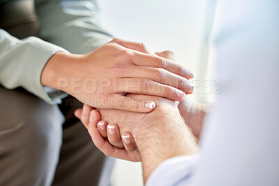 Buy stock photo holding hands, support and community hand gesture to show care, love and counseling. Trust, help and healing help hands sign of couple of friends together for gratitude, sorry or mental health advice