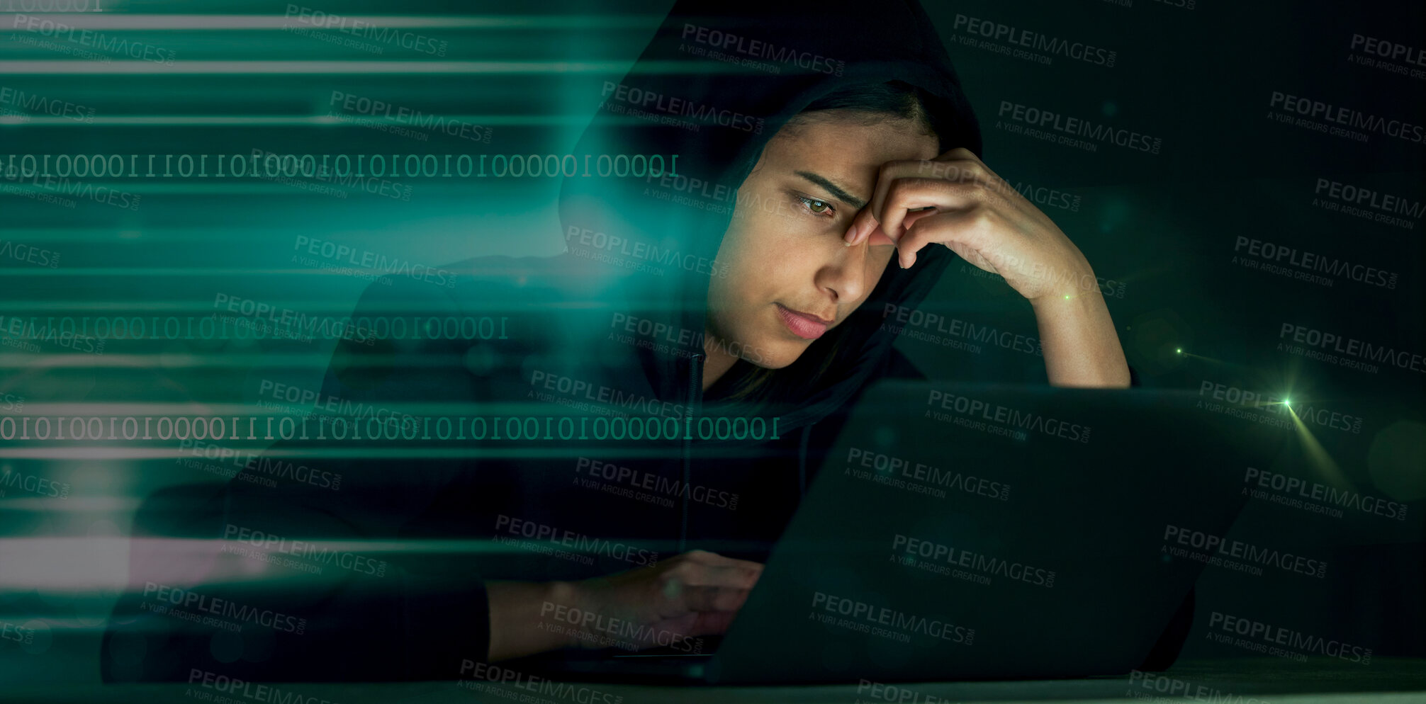 Buy stock photo Indian woman, hacker and code glitch overlay of cybersecurity problem with coding graphic. Programmer, criminal and finance software hack with a hacking expert writing algorithm for cybercrime virus