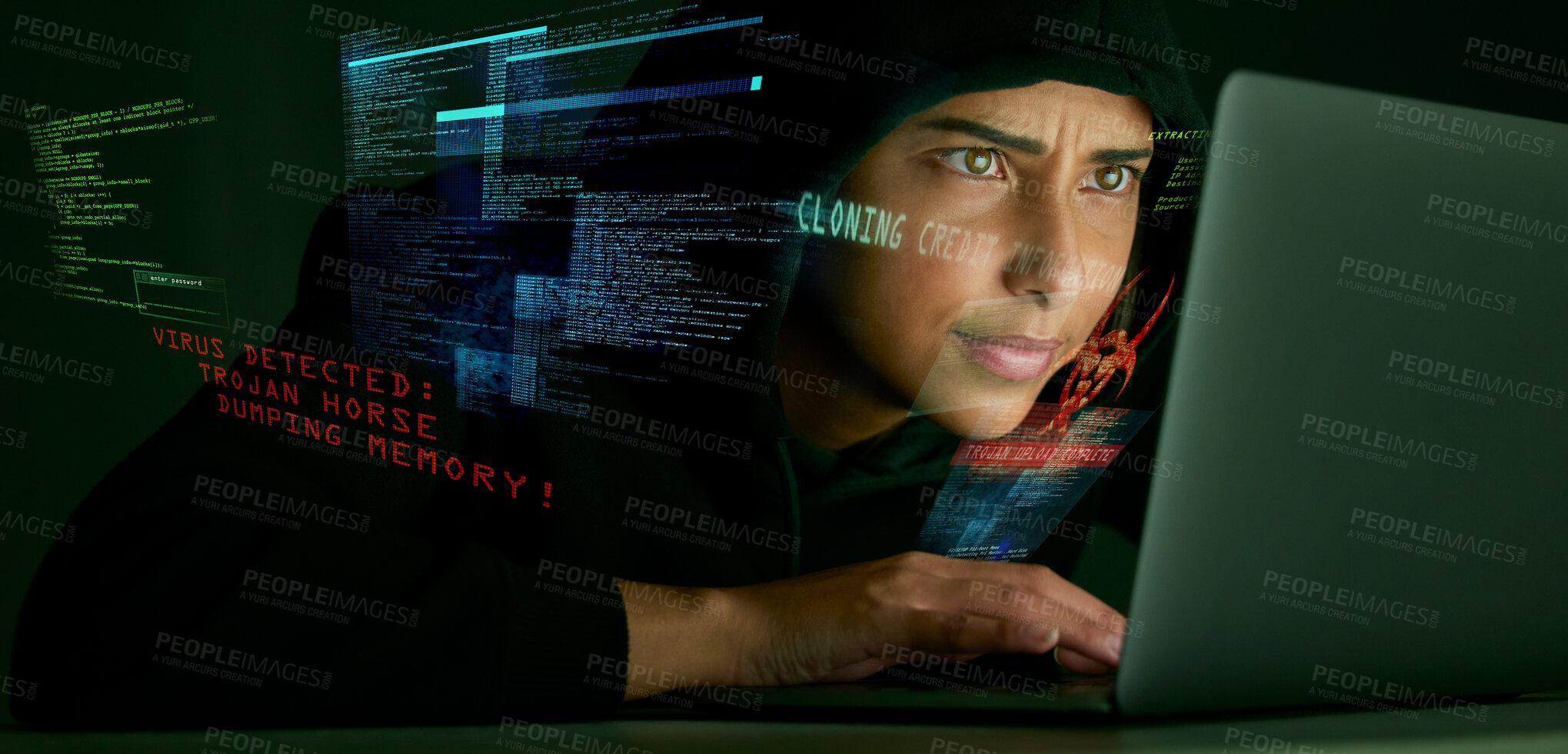 Buy stock photo Indian woman, hacker and code overlay of banking and credit card fraud with coding graphic. Programmer, criminal and finance software hack with a hacking expert writing algorithm for cybercrime virus