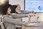 Business people, desk and stretching arms at meeting for finance, budget and accounting presentation. Group, corporate team building and diversity with exercise for stress, muscle and healthy mindset