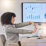 Corporate black woman, desk and stretching arms at meeting for finance, budget and accounting presentation. Group, business health and happiness with exercise for stress, muscle and healthy mindset