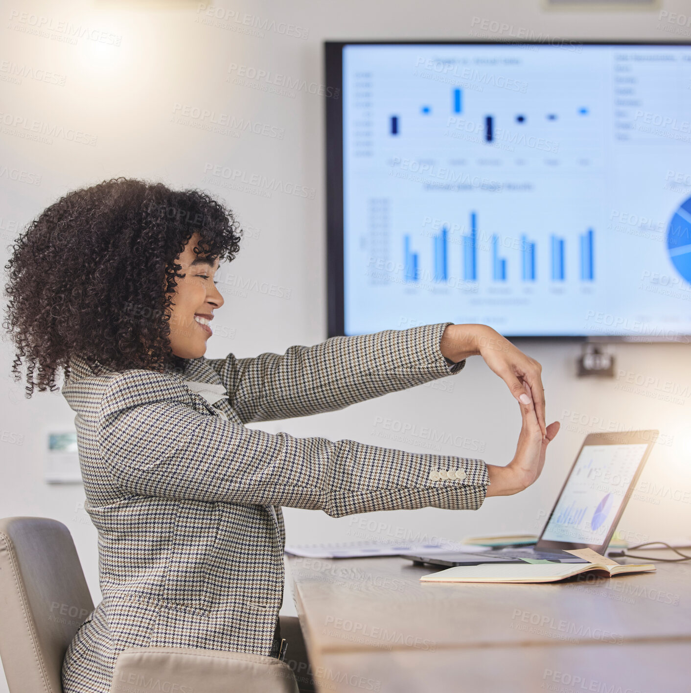 Buy stock photo Corporate black woman, desk and stretching arms with smile for health, hands and budget at audit presentation. Accountant, business and happiness with exercise for stress, muscle or healthy mindset