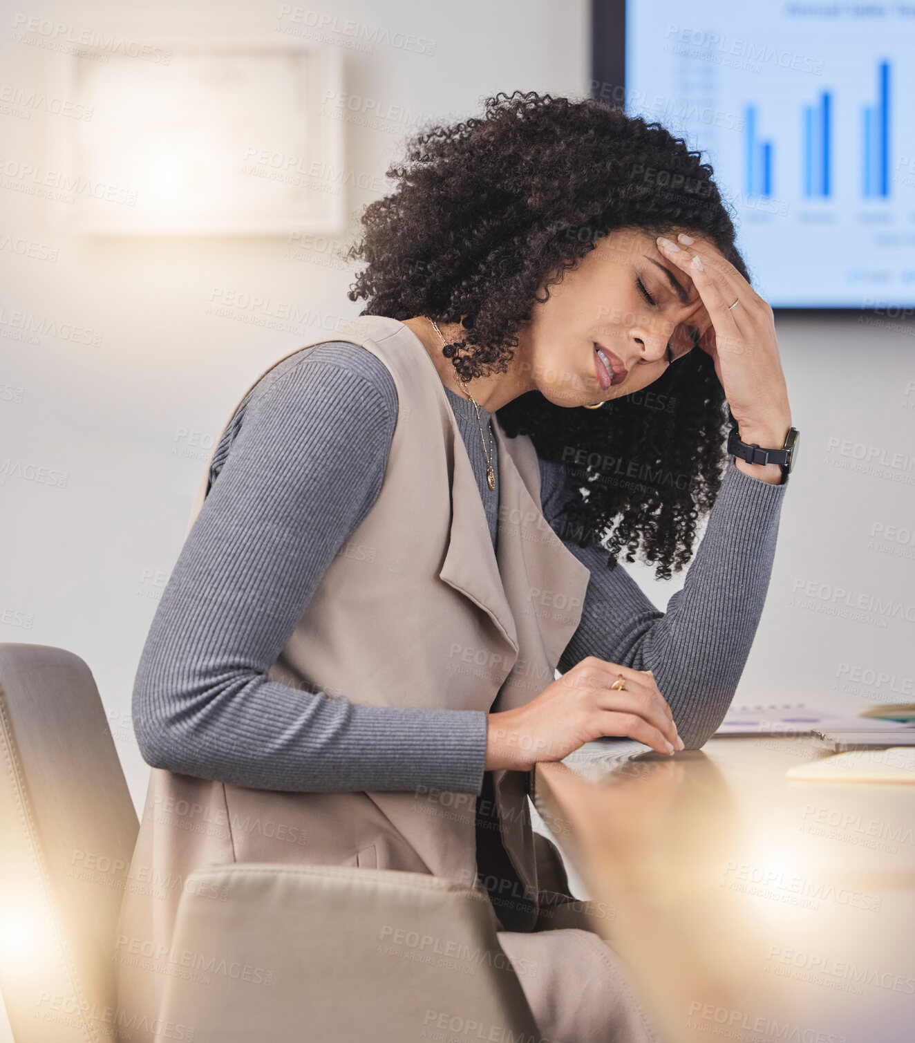 Buy stock photo Corporate black woman, headache and tired in office for meeting, finance budget or accounting presentation. Girl, business health and burnout with fatigue, overworked and frustrated at workshop