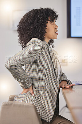 Buy stock photo Back pain, black woman and tired business employee feeling stress from corporate project. Work burnout, desk and African lawyer working with body ache in a law firm company with a advocate deadline