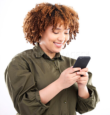 Buy stock photo Black woman, phone connection and studio with a young model on social media networking app. Online, streaming and web conversation with a African female looking at happy text with a smile on mobile