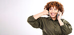 Phone call, mockup and hand gesture by woman happy for mobile communication by young female with copy space. Talking, conversation and person with 5g service isolated in a studio white background