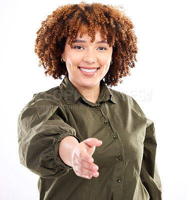 Buy stock photo Welcome, handshake and portrait black woman with hand out, smile and thank you on white background. Agreement offer, onboarding deal or partnership in business, hr hiring manager isolated in studio.