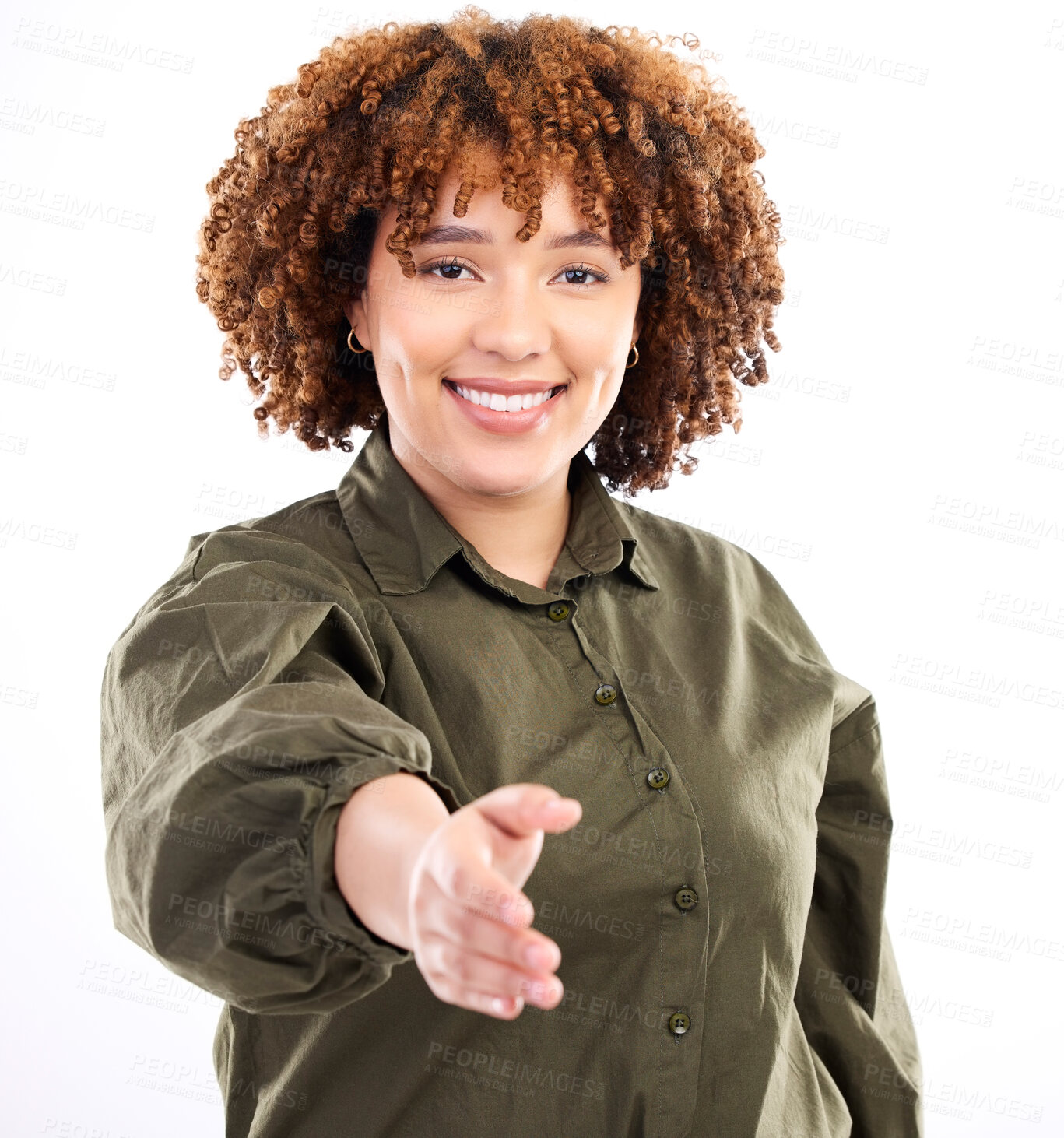 Buy stock photo Welcome, handshake and portrait black woman with hand out, smile and thank you on white background. Agreement offer, onboarding deal or partnership in business, hr hiring manager isolated in studio.