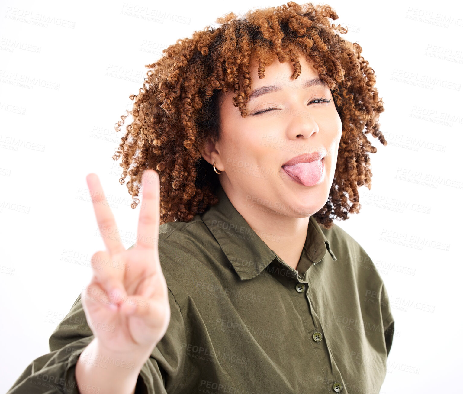 Buy stock photo Black woman, tongue out and wink with peace hand sign and goofy, playful and smile isolated on white background. Happy person, funny face with v, emoji and crazy with female in portrait and gen z