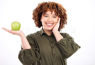 Buy stock photo Apple, face portrait and African woman with fruit product for weight loss diet, healthcare lifestyle or body detox. Wellness food, nutritionist studio or happy vegan girl isolated on white background