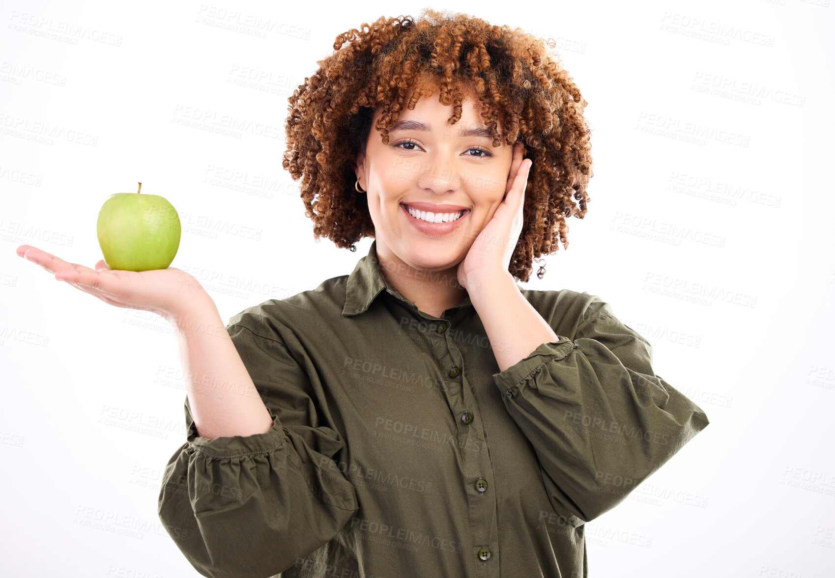 Buy stock photo Apple, face portrait and African woman with fruit product for weight loss diet, healthcare lifestyle or body detox. Wellness food, nutritionist studio or happy vegan girl isolated on white background