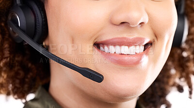 Buy stock photo Call center, smile or mouth of black woman in communication isolated on white background. Customer services, teeth or happy sales agent with microphone helping at crm or technical support in studio