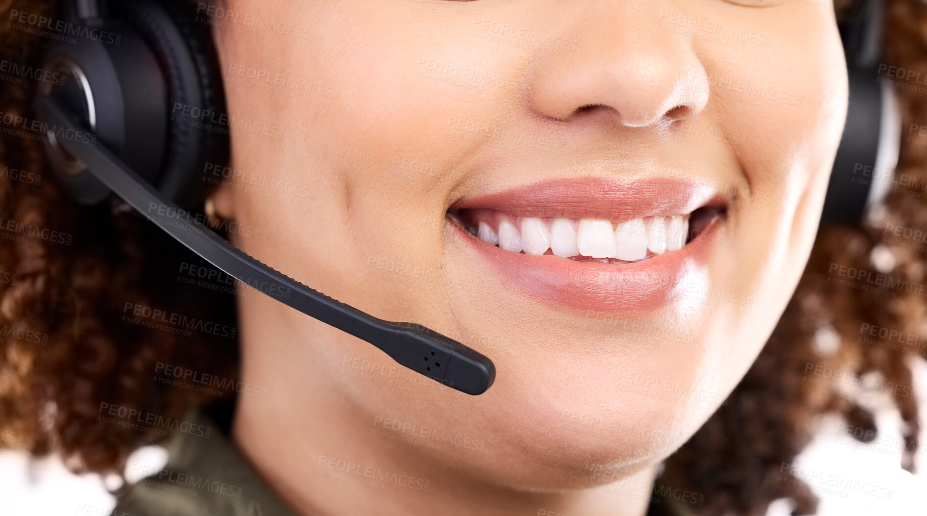 Buy stock photo Call center, smile or mouth of black woman in communication isolated on white background. Customer services, teeth or happy sales agent with microphone helping at crm or technical support in studio