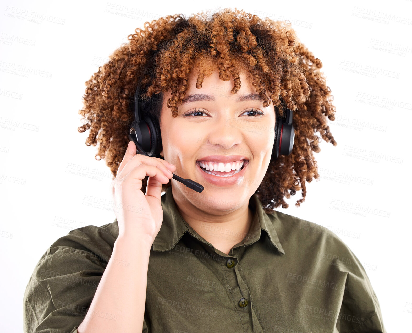 Buy stock photo Call center, telemarketing or black woman laughing in communication isolated on white background. Customer services, funny or happy sales agent with microphone helping at technical support in studio