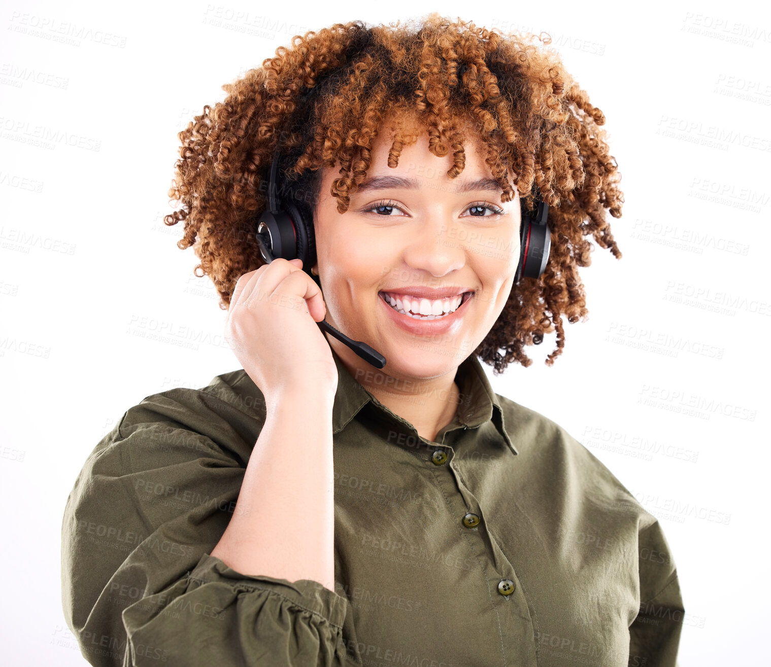 Buy stock photo Call center, telemarketing or portrait of black woman in communication isolated on white background. Customer services, smile or happy sales agent on microphone helping at technical support in studio