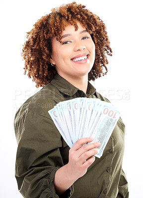 Buy stock photo Happy, money and winner with portrait of black woman for investment, success or growth. Cash, dollar and wealth with girl customer isolated on white background for financial, deal or promotion