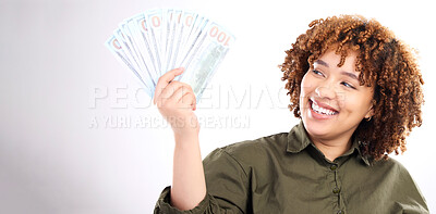 Buy stock photo Finance, money and winner with savings with black woman for investment, success or growth. Cash, dollar and wealth with girl customer isolated on white background for financial, deal or promotion