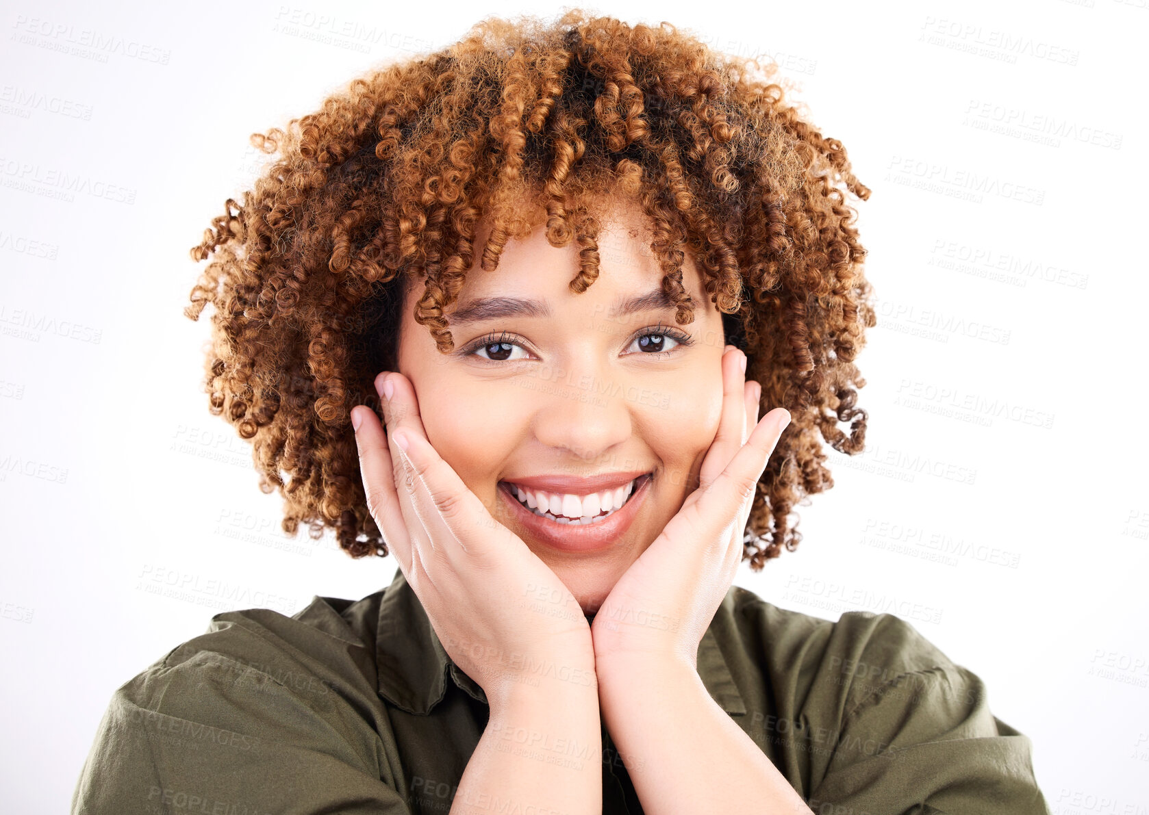 Buy stock photo Portrait, happy and hands on face by black woman in studio with mockup, space and white background. Face, smile and lady relax with excited, cheerful and expression on product placement or copy space
