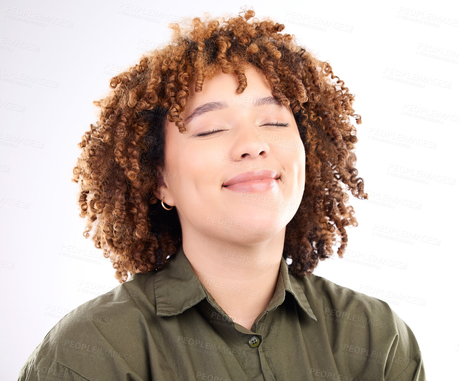 Buy stock photo Face, content and peaceful with a black woman in studio isolated on a white background for quiet. Eyes closed, freedom and calm with an attractive young female posing to promote wellness or zen