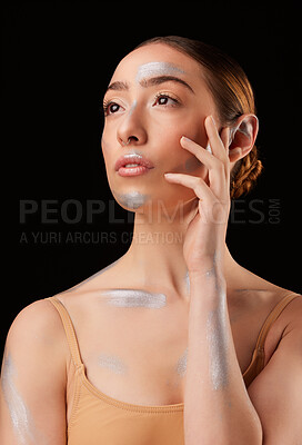 Buy stock photo Art, creative and woman thinking of ballet isolated on a black background in a studio. Idea, creativity and artistic ballerina with a glow, contemplation and graceful on a backdrop for dance