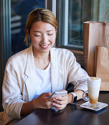 Buy stock photo Phone, cafe and woman online shopping, ecommerce or social networking with customer services review. Asian person on smartphone at coffee shop or restaurant and happy with retail sale or discount