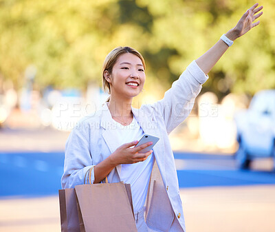 Buy stock photo Taxi, shopping bags and phone with Asian woman in city for sales, retail and boutique deal. Technology, internet and contact with customer and hand for travel service app for fashion, trip and gift