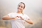 Portrait, runner and hand sign by woman with heart, symbol or gesture for wellness against blurred background. Face, happy and girl with emoji hands, shape and message for self love, peace and care