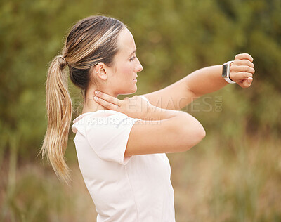 Buy stock photo Runner, smartwatch and woman with neck pulse for wellness monitoring, heart rate or progress in nature. Fitness, tracker and girl checking beat after workout, exercise or cardio routine in a park