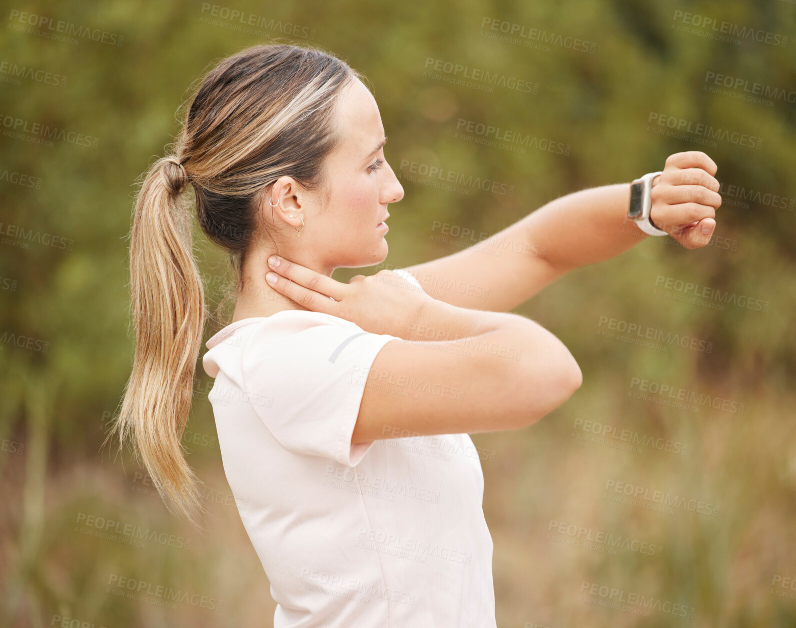 Buy stock photo Runner, smartwatch and woman with neck pulse for wellness monitoring, heart rate or progress in nature. Fitness, tracker and girl checking beat after workout, exercise or cardio routine in a park