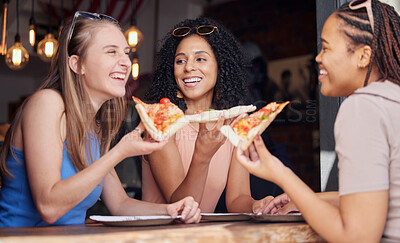 Buy stock photo Woman, friends and laughing with pizza for funny joke, meme or conversation together at restaurant. Happy hungry women laugh and smile for fun date, eating or bonding at cafe enjoying Italian food