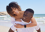 Black couple, hug and smile for piggyback at the beach in summer vacation, bonding or embracing romance. Happy African American man giving woman back ride smiling for love, travel and holiday at sea