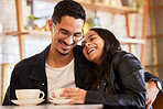 Happy, cafe and couple on coffee date in a restaurant together bonding, funny and laugh in a conversation. Flirting, love and boyfriend relax with girlfriends on weekend break by man and woman