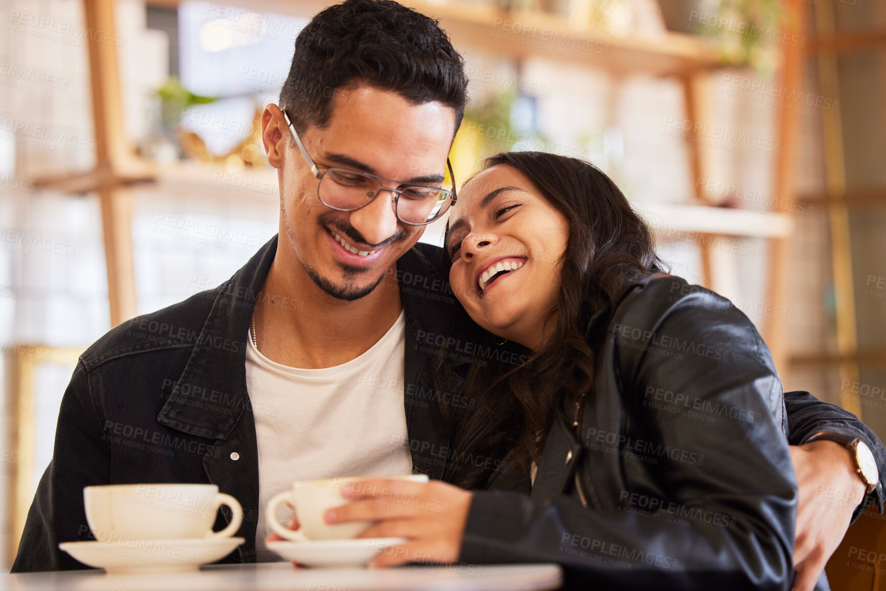 Buy stock photo Happy, cafe and couple on coffee date in a restaurant together bonding, funny and laugh in a conversation. Flirting, love and boyfriend relax with girlfriends on weekend break by man and woman