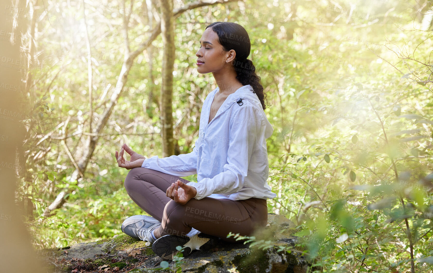 Buy stock photo Zen, meditation and woman in nature or forest calm in peace, spiritual and doing yoga for awareness and faith. Mindful, woods and female person relax in green trees for wellness and health lifestyle