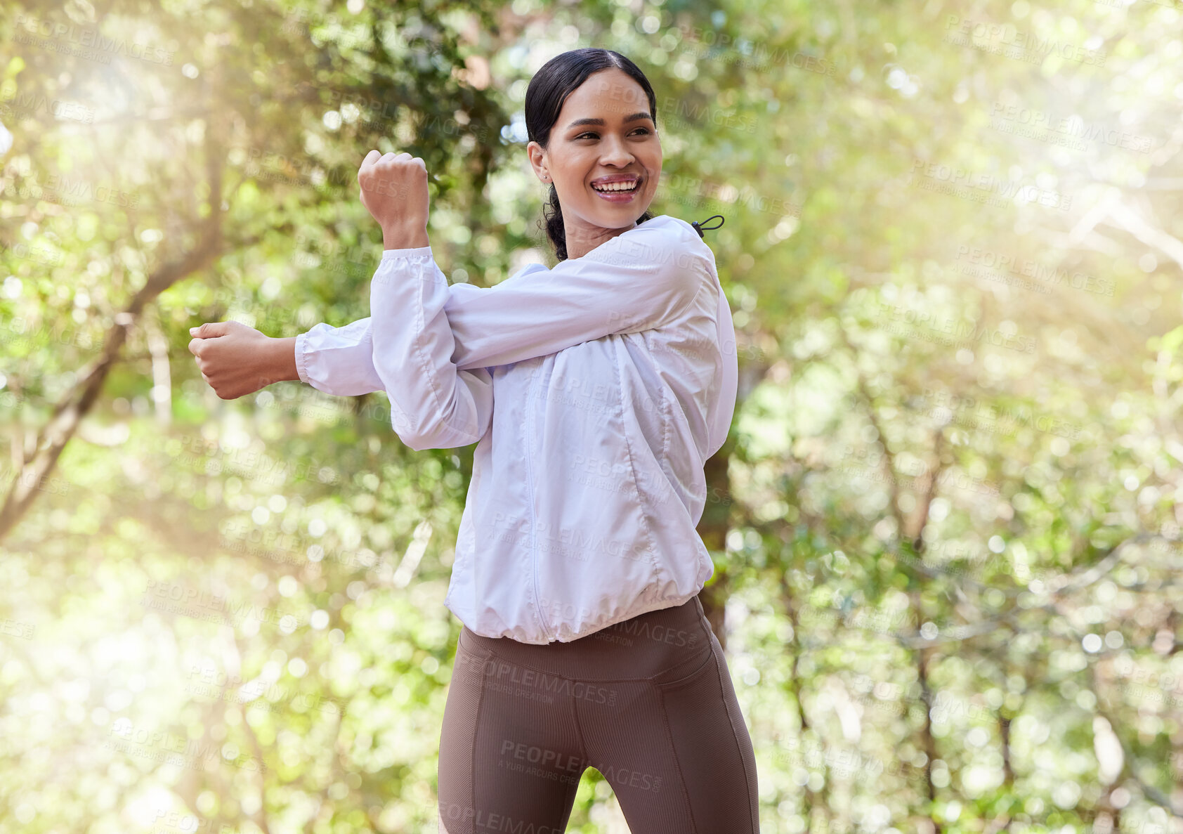 Buy stock photo Fitness, stretching or girl in nature to exercise body training for balance, fresh air in healthy lifestyle. Female athlete, smile or happy sports runner in arm stretch workout or warm up for running