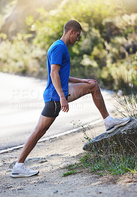 Buy stock photo Stretching legs, fitness and man in nature getting ready for running, exercise or workout. Sports health, training or male athlete warm up or preparing to start cardio, exercising or jog for wellness