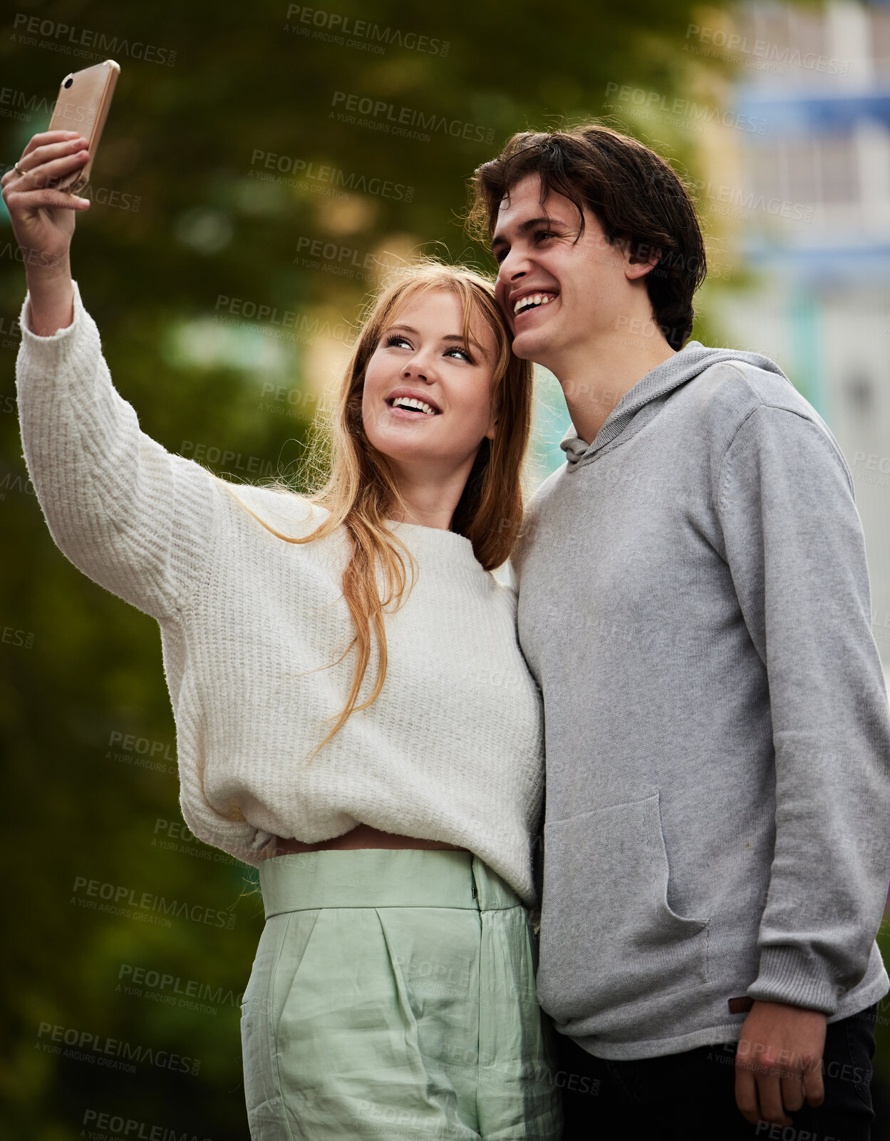 Buy stock photo Selfie, happy and couple bonding in the city for memory, travel and on holiday together. Smile, date and woman taking a photo with a man on a vacation in an urban town for quality time and a break