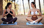 Yoga, outdoor meditation and women exercise in nature for fitness, peace and wellness. Happy people or friends smile on forest ground for zen workout, training and energy for mental health and chakra