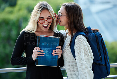 Buy stock photo Women students, whisper secret and friends with smile, wow and gossip at college with chat, bonding and excited. Gen z girl, studying and surprise face for story, education and university experience