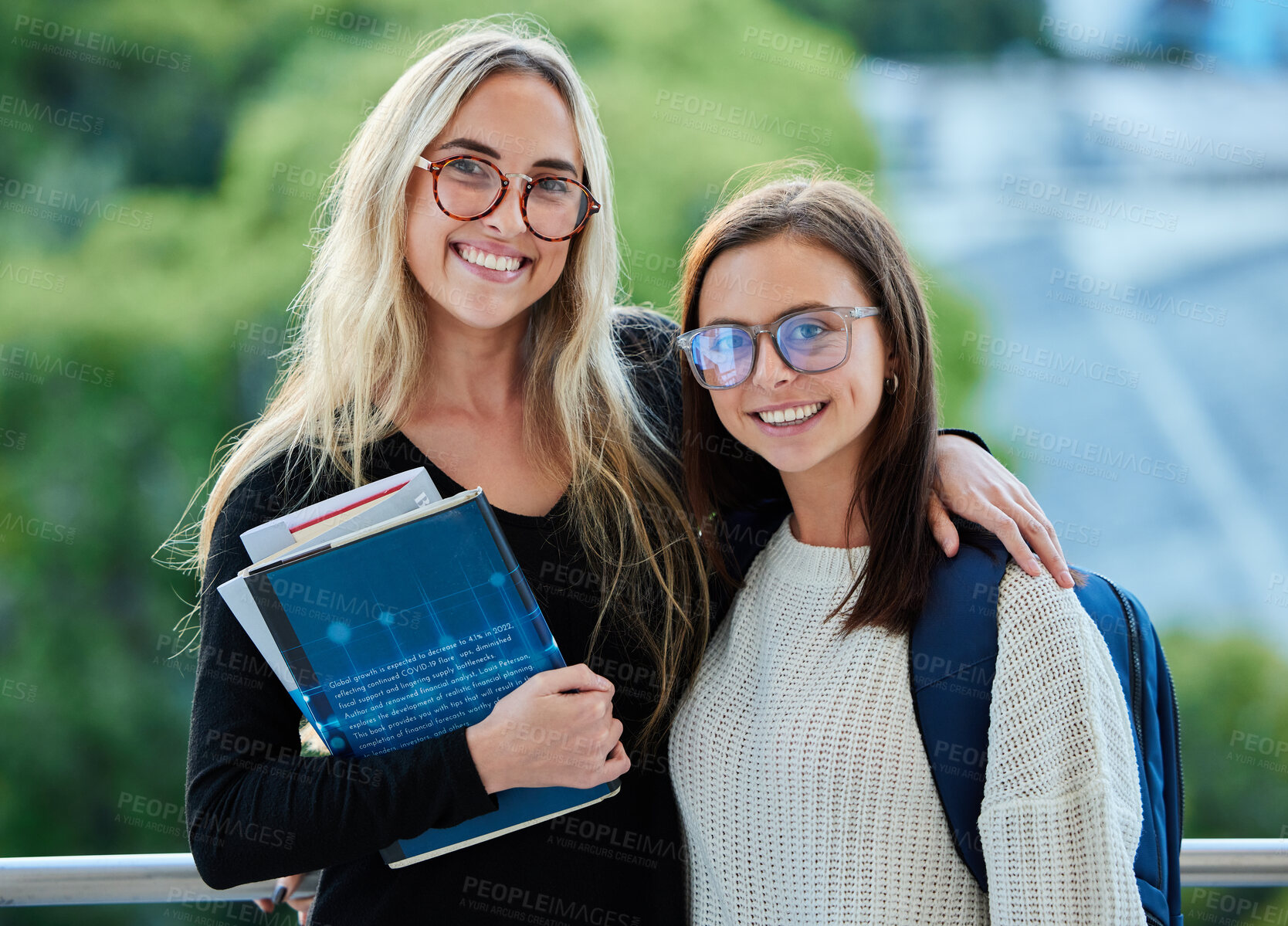 Buy stock photo Lesbian, students and couple portrait with smile, hug and books for study at college with love, bonding and care. Gen z, lgbtq couple and excited face for learning, education or university experience