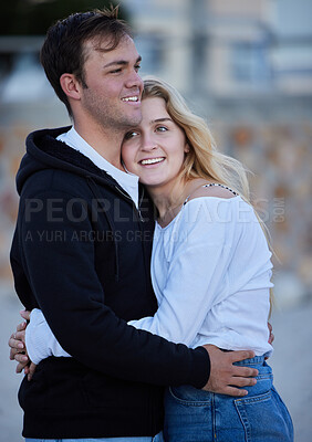 Buy stock photo Love, hug and travel with a tourist couple outdoor together in a foreign country for a vacation or holiday. Trust, tourist or hugging with a young man and woman traveler overseas for a getaway