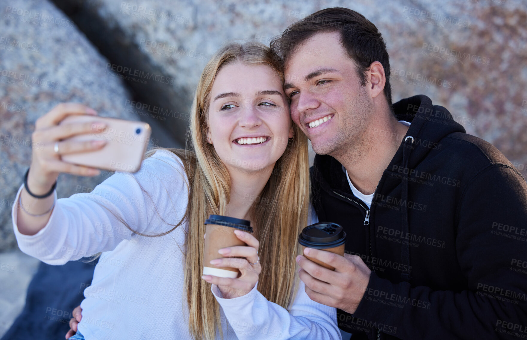 Buy stock photo Love, selfie and couple outdoor, smile and summer vacation for relationship, romance and bonding. Romantic, man and woman with smartphone, picture for memory or loving together on break and affection