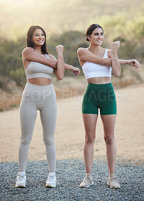 Fitness, body and women or friends stretching in nature exercise, training and happy support for warmup. Personal trainer, teamwork and sports people or runner in muscle workout and outdoor health